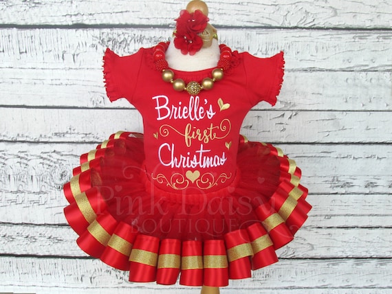 Baby Girls First Christmas Outfit Christmas Tutu Set Red and Gold Tutu Ribbon Trimmed Tutu Outfit 1st Christmas Holiday Dress Etsy UK