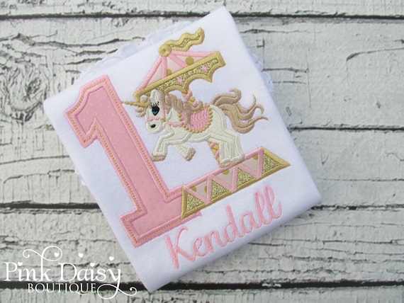 Pink and Gold Carousel Birthday Shirt - Carousel Horse - Carousel Unicorn - Vintage Carousel Pony - Carnival - 1st Birthday Applique Shirt Il_570xn