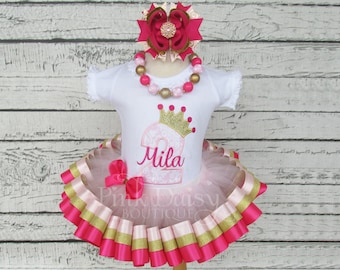 Girls Pink and Gold Royal Princess Crown Satin Ribbon Trim Tutu Birthday Outfit with Matching Stacked Boutique Bow and Chunky Necklace.