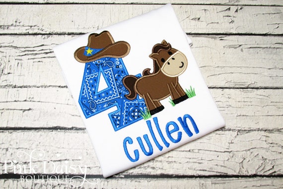 Horse Birthday Shirt Boy - Cowboy Birthday Shirt - Rodeo Birthday - Blue Bandana - 4th Birthday - Fourth Birthday - Applique Shirt - Custom Il_570xn