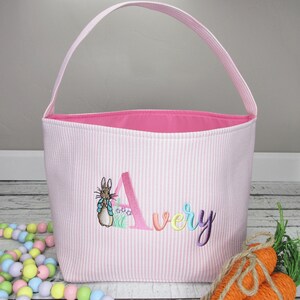 Seersucker Easter Basket Personalized - Embroidered Easter Tote - Monogrammed Easter Basket - Seersucker Easter Basket with Name and Rabbit