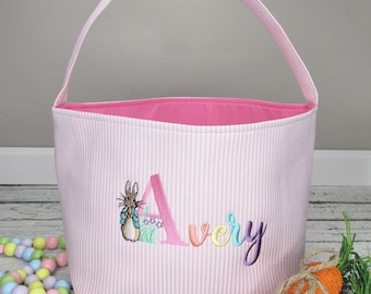 Seersucker Easter Basket Personalized - Embroidered Easter Tote - Monogrammed Easter Basket - Seersucker Easter Basket with Name and Rabbit