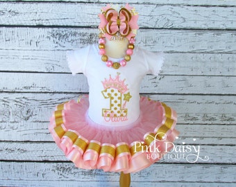Girls Light Pink and Gold Royal Princess Appliqué Shirt and Ribbon Trim Tutu Birthday Set w/Matching Stacked Boutique Bow & Chunky Necklace
