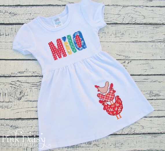 Girls Chicken Dress - Stacked Chickens - Farm Dress - Monogrammed Toddler Dress - Personalized Applique Dress - Hens - Barnyard Birthday Il_570xn