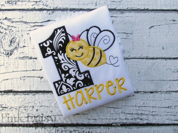 Garden Bee 1st Birthday Applique Shirt Bumblebee Birthday Shirt First Bee Day Black and Yellow First Birthday Ages 1-9