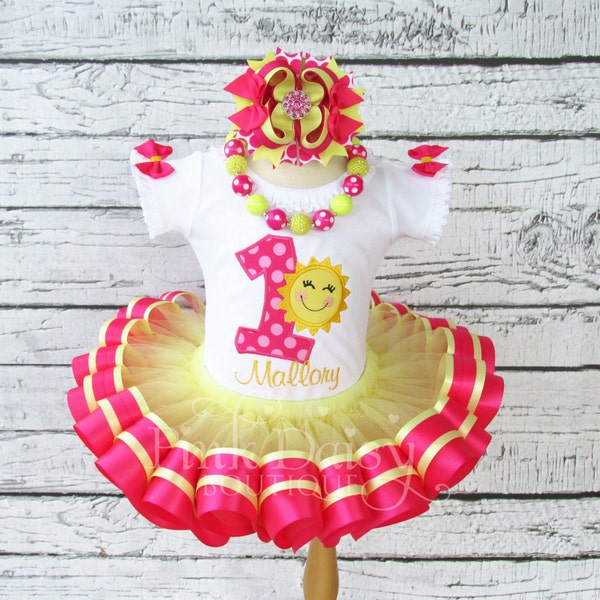 Sunshine Birthday Ribbon Tutu Outfit - Pink Yellow - You Are My Sunshine - First Birthday Dress - Personalized Applique Shirt - Tutu Set