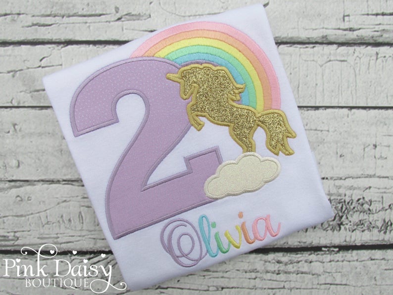 Unicorn Birthday Shirt Gold Unicorn Silhouette Pastel Rainbow Unicorn Applique Shirt Embroidered Tee Second Birthday 2nd Bday image 1