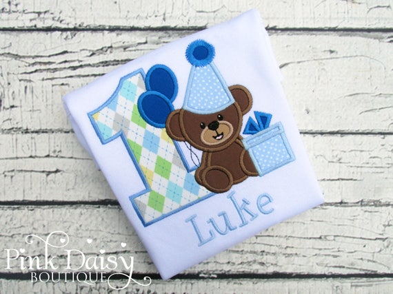 Teddy Bear Birthday Shirt for Boys - Teddy Bear Picnic - Light Blue and Brown - Present and Balloons - Applique Shirt - First Birthday Shirt Il_570xn