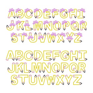 May include: An alphabet with each letter outlined in yellow and filled with small pencil and eraser icons. The letters are topped with a purple bow.