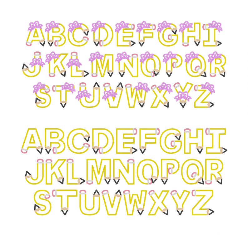May include: An alphabet with each letter outlined in yellow and filled with small pencil and eraser icons. The letters are topped with a purple bow.