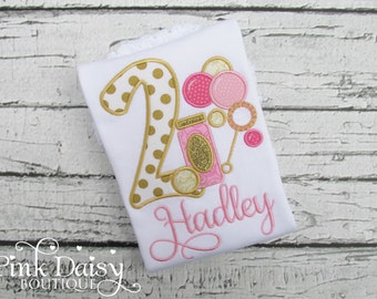 Bubbles Birthday Shirt - Pink & Gold Bubbles Party - Monogrammed Birthday Shirt - Girls 2nd Birthday Shirt - First Birthday - Applique Shirt