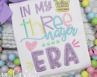 In My Threenager Era Birthday Shirt - Embroidered Birthday Shirt - 3rd Birthday Outfit - Third Birthday Girl - Pastel Rainbow - Princess