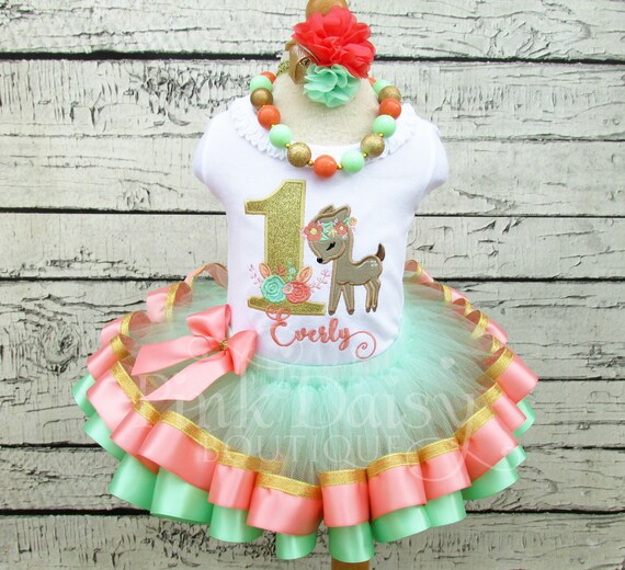 Woodland Deer Birthday Outfit - Fawn Birthday Tutu Set - Ribbon Tutu Outfit  - Mint Coral Gold - Fall Birthday Outfit - First Birthday Dress - Etsy