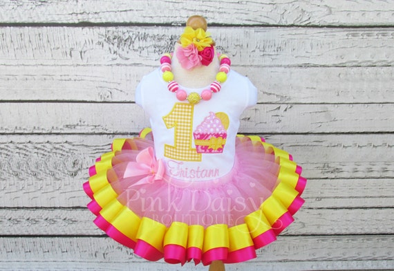 Pink and Yellow First Birthday Outfit - Tutu Set - 1st Birthday Dress - Cupcake - Pink Lemonade - Lemon - Ribbon Tutu - Applique Shirt - 2nd Il_570xn