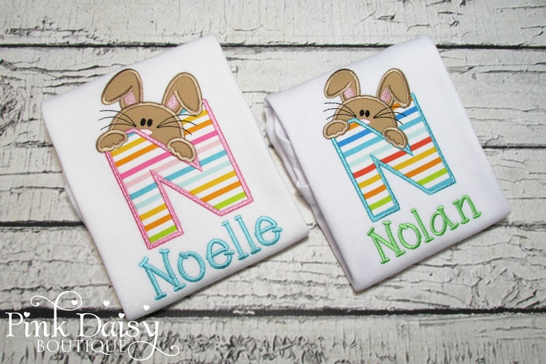 Boys Easter Shirt Initial Personalized Easter Shirt Easter Bunny Peeking Bunny Shirt Easter Applique Shirt Bunny Rabbit Stripe image 5