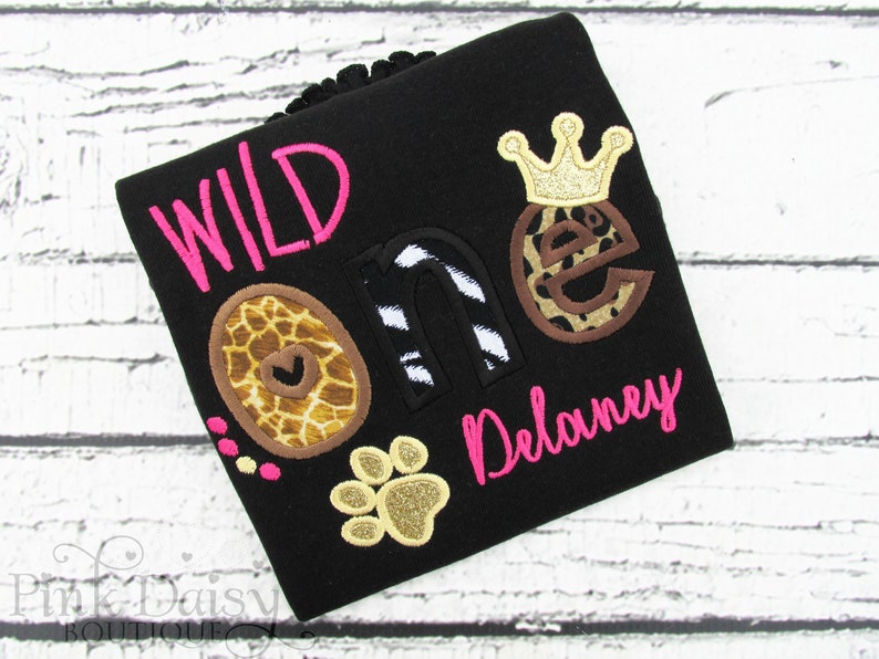 Wild One Birthday Shirt Animal Print Birthday Shirt TWO Wild Leopard Zebra Giraffe Black Pink Gold Crown Paw Applique Shirt image 1