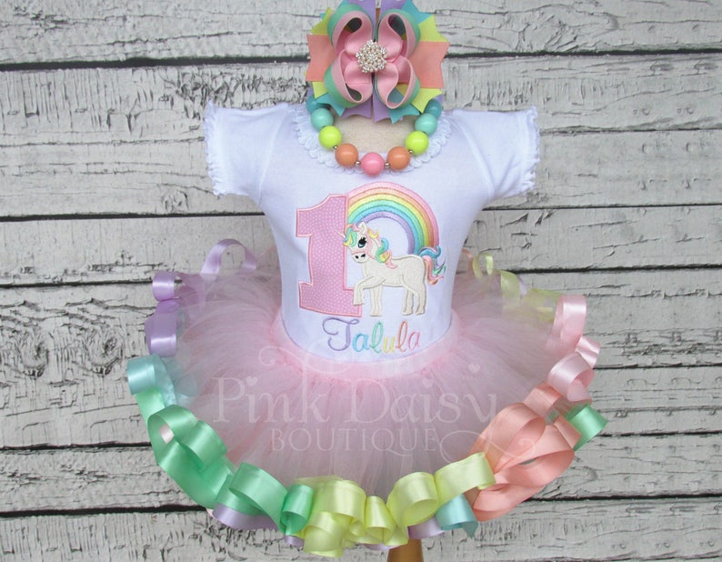Unicorn First Birthday Dress Unicorn Birthday Outfit Unicorn Theme Applique Shirt Pastel Rainbow Unicorn Tutu Ribbon Tutu