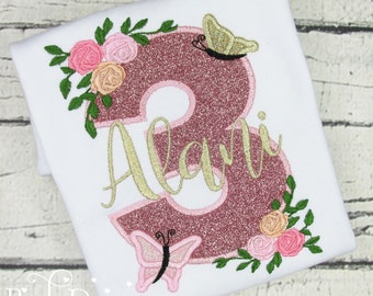 Butterfly Birthday Shirt with Flowers - Floral Birthday Shirt - Roses - Rose Gold Glitter - Personalized - Monogrammed Shirt - 3rd Birthday