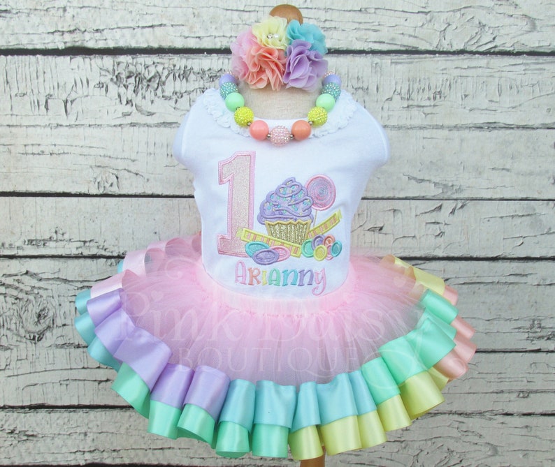 Pastel Candyland Birthday Outfit Candy Tutu Set Pastel Rainbow Sweet to Be ONE TWO Sweet Ribbon Trim Tutu 1st Birthday Dress image 1