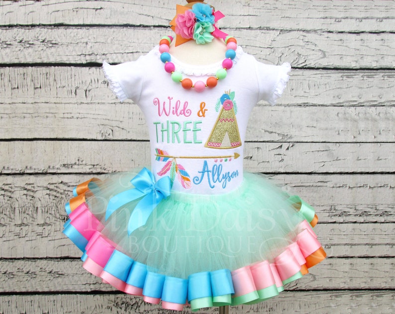 Wild Three Birthday Tutu Boho Ribbon Trim Tutu Feathers Tribal 3rd Birthday Dress Teepee Pink Mint Turquoise Gold Arrows