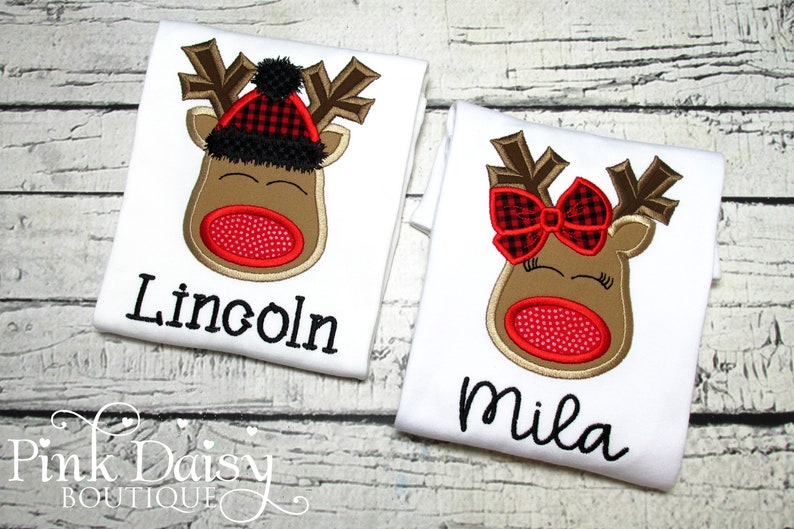 Boys Reindeer Shirt Christmas Shirt Buffalo Plaid Oh Deer Applique Shirt Embroidered Personalized Sibling Shirts Toddler Boy image 4