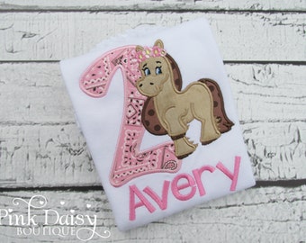 Horse Birthday Shirt - Pink Bandana - Birthday Shirt Girl 2 - Rodeo Birthday Shirt - Pony Shirt - Applique Shirt - Embroidered Tee - Second