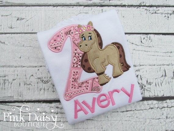 Horse Birthday Shirt - Pink Bandana - Birthday Shirt Girl 2 - Rodeo Birthday Shirt - Pony Shirt - Applique Shirt - Embroidered Tee - Second Il_570xn