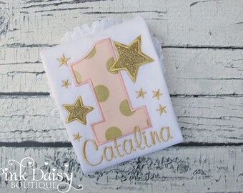 Pink Gold Twinkle Star Shirt - Twinkle, Twinkle Little Star Girls First Birthday Shirt - Shooting Star Personalized Appliqué Shirt