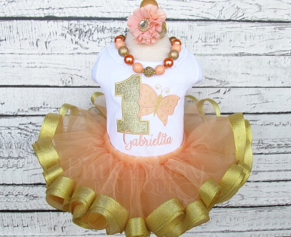 Peach And Gold Butterfly Birthday Outfit Ribbon Trim Tutu Set