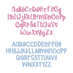 May include: Two sets of the alphabet in a playful, stylized font. The top set is pink and the bottom set is light blue.