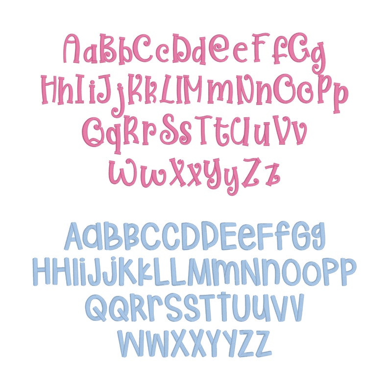 May include: Two sets of the alphabet in a playful, stylized font. The top set is pink and the bottom set is light blue.