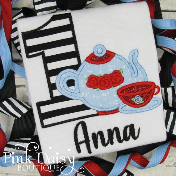 Alice in ONEderland Birthday Shirt - Tea Party - First Birthday - 1st Birthday - Appliqué Shirt - Embroidered Tee - Teapot - Wonderland Il_570xn