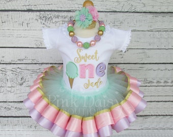 Girls "Sweet ONE" Ice Cream Birthday Tutu Set in Pink, Lavender, Mint, Gold. Appliqué Shirt & Ribbon Tutu Outfit with Matching Accessories.