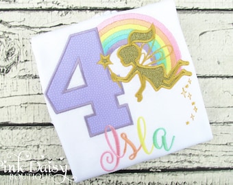 Golden Fairy Birthday Shirt - Pastel Rainbow Birthday Shirt - Ages 1-9 - Pixies - Personalized Shirt - Applique Shirt - 6th Birthday Shirt