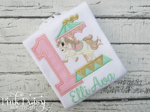 Carousel Birthday Shirt - Carousel Horse - Mint Pink Gold - Vintage Carousel Pony - Carnival - Applique Shirt - First Birthday Outfit Il_570xn