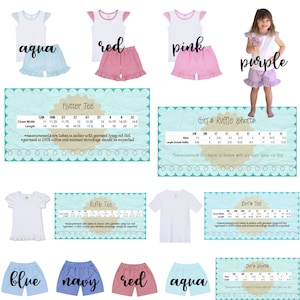 May include: A set of children's clothing in various colors, including aqua, red, pink, purple, blue, navy, and white. The clothing includes flutter tees, ruffle tees, and ruffle shorts. The image also includes a size chart for each item.