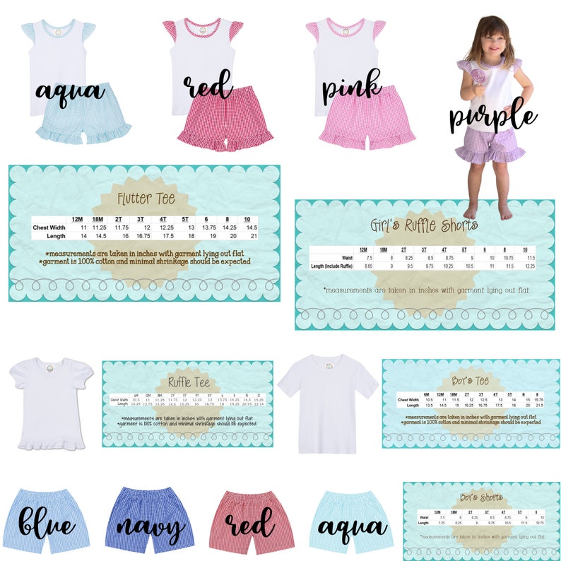 May include: A set of children's clothing in various colors, including aqua, red, pink, purple, blue, navy, and white. The clothing includes flutter tees, ruffle tees, and ruffle shorts. The image also includes a size chart for each item.