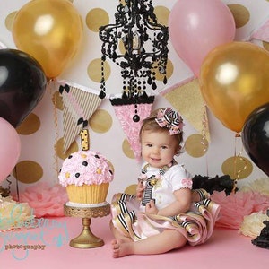 Star First Birthday Outfit Twinkle Little Star Our Shining Star Pink and Gold Black Stripes Pink and Black Ribbon Trim Tutu Set image 6