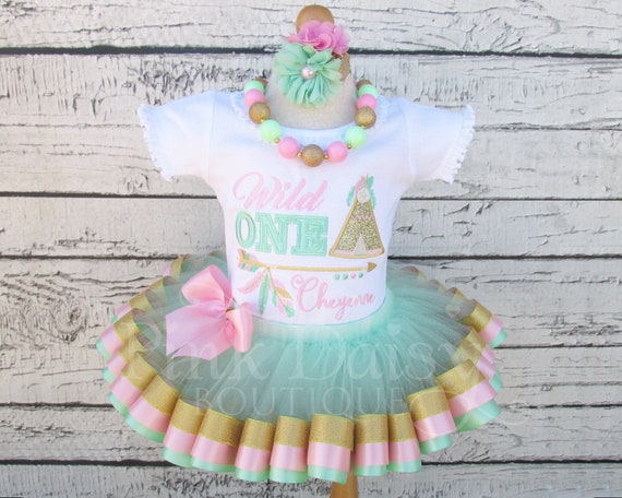 Wild ONE Birthday Outfit - First Birthday Tutu - Mint Green Pink Gold - Teepee - Feather - Arrow - Wild Thing - Tribal - Boho - Ribbon Tutu Il_570xn