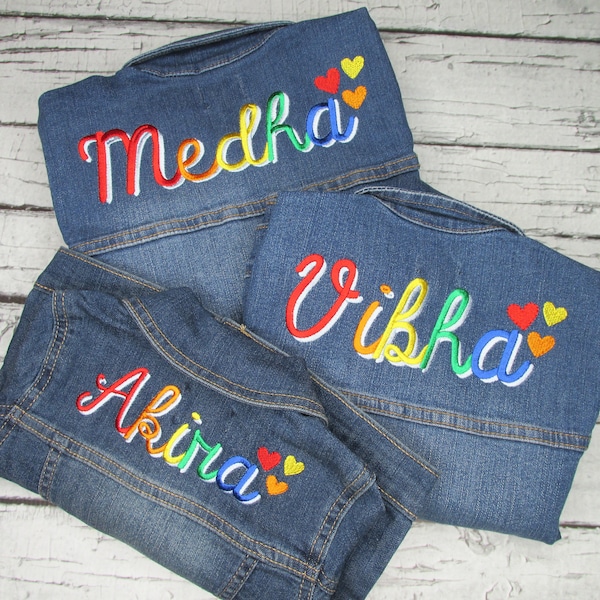 Custom Girls' Denim Jacket - Personalized Embroidery - Trendy Kids Outerwear - Unique Gift - Fashionable Toddler Apparel - Rainbow Colors