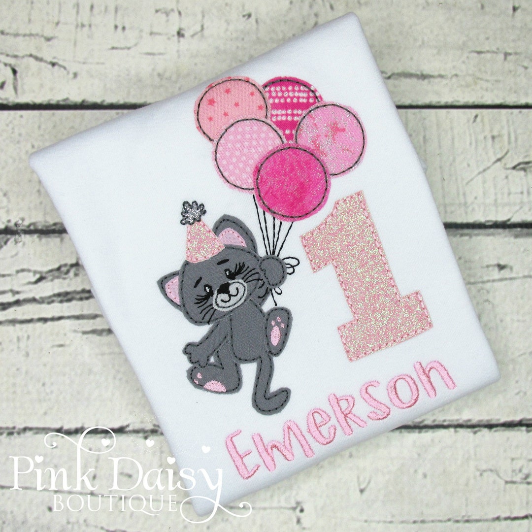 Cat Birthday Shirt Kitty Birthday Kitty Cat Kitten Applique Shirt Pink