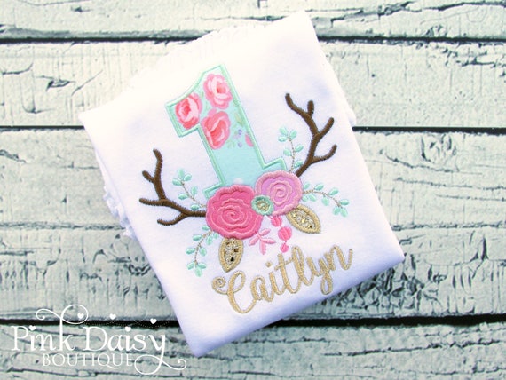Aqua Pink Gold Boho Birthday Shirt - Deer Antlers and Roses - Floral Antler - Boho - Flowers - Roses - Girls Birthday Shirt - First Birthday Il_570xn