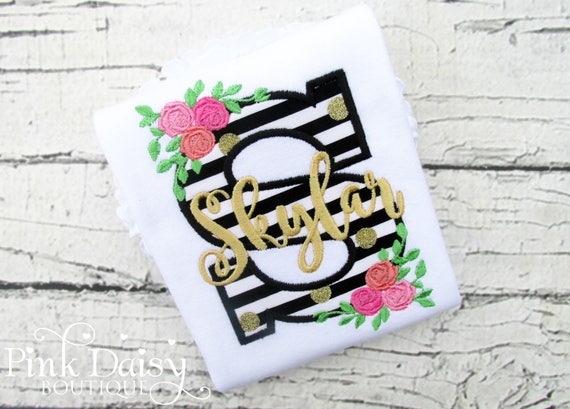 Girls Floral Stripes Initial Shirt - Black Pink Gold Coral - Roses - Flower - Black and White Stripes - Personalized - Rosettes - Name Shirt Il_570xn