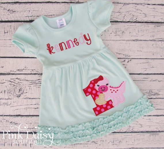 Girls Dinosaur Appliqué Dress - Personalized Dress - Mint Dress - Pink Dinosaur - Hearts - Embroidered Toddler Dress - Dinosaur Birthday Il_570xn
