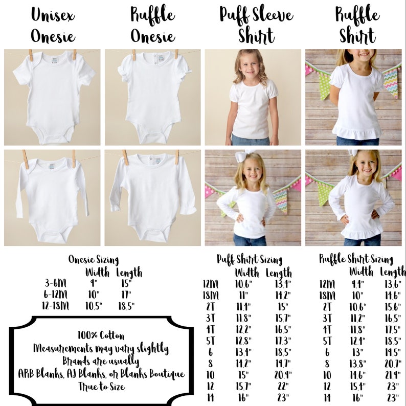 May include: Size chart for unisex onesies, ruffle onesies, puff sleeve shirts, and ruffle shirts. The chart shows width and length measurements in inches for sizes 3-6 months, 6-12 months, 12-18 months, 12 months, 18 months, 2T, 3T, 4T, 5T, 6, 8, 10, 12, and 11. The chart also includes the text "100% Cotton" and "Measurements may vary slightly. Brands are usually ARB Blanks, AJ Blanks, or Blanks Boutique. True to Size."