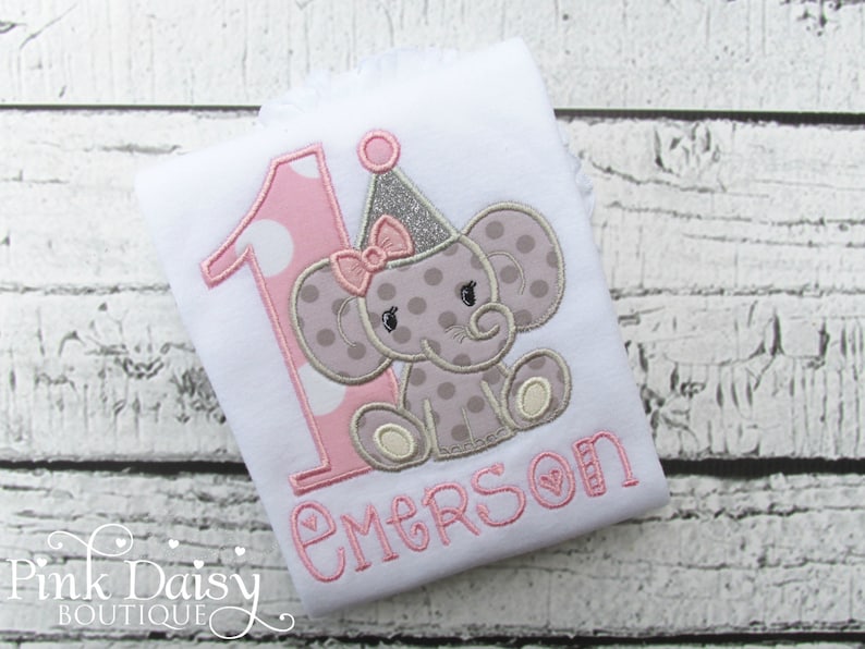 Girls Pink and Sparkle Silver Elephant Appliqu\u00e9 Shirt and Ribbon Trimmed Tutu Birthday Outfit with Matching Headband and Chunky Necklace.