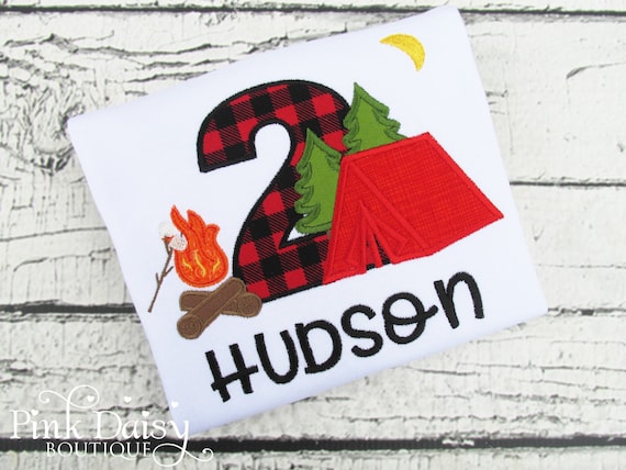 Camping Birthday Shirt - Age 1-9 - S'mores Birthday Shirt - Red & Black - Buffalo Plaid - Lumberjack - Campfire - Campout - Applique Shirt Il_570xn