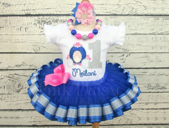 Cinderella Birthday Outfit - Pink Blue Silver - Royal Princess Tutu Outfit - Carriage - Pumpkin Coach - Ribbon Trimmed Tutu - First Birthday Il_570xn