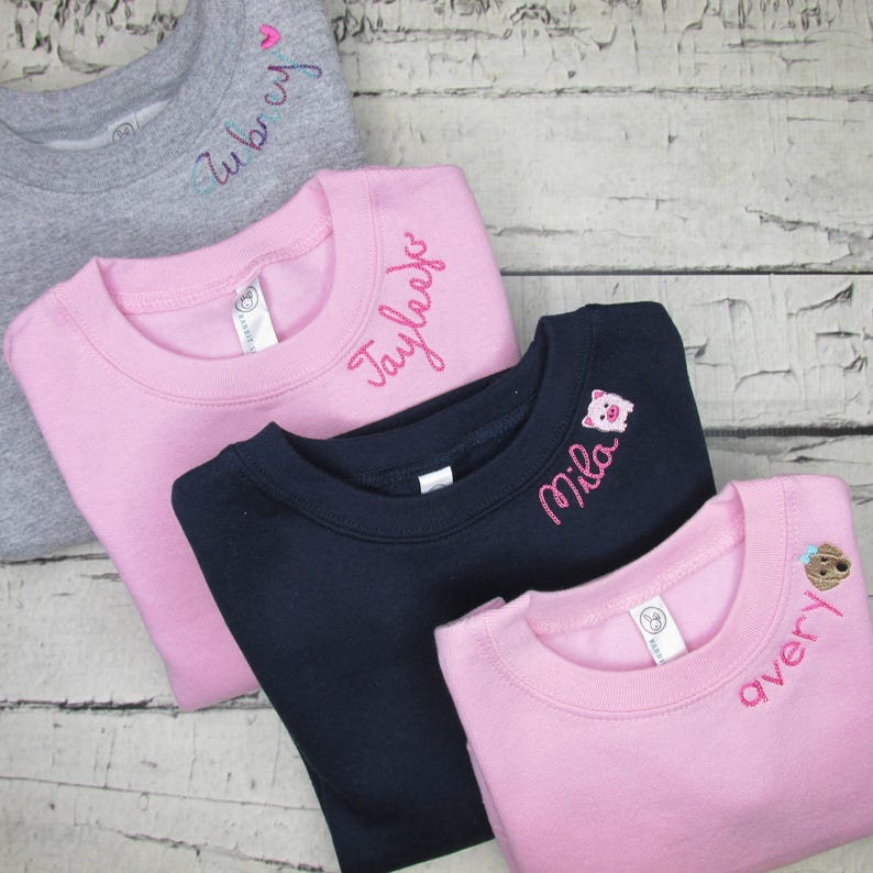 Kids Monogrammed Collar Sweatshirt - Crewneck Sweatshirt with Name on Collar - Chain Stitch - Personalized Sweat Shirt - Embroidered Sweater image 9