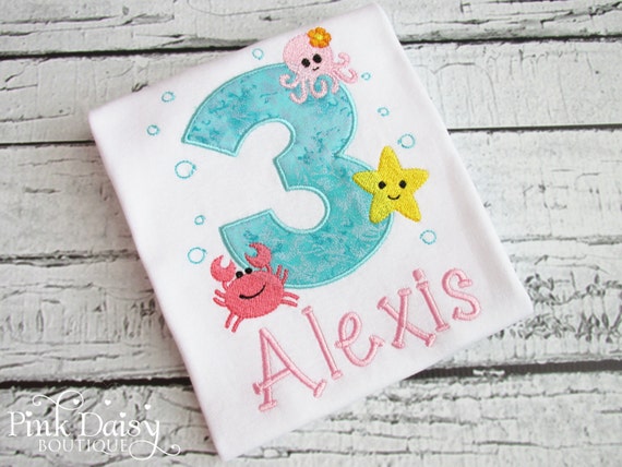 Girls Ocean Birthday Shirt - Under the Sea - Crab Starfish Octopus - Pink Aqua Lavender - Appliqué Shirt - Embroidered Shirt - Beach Party Il_570xn